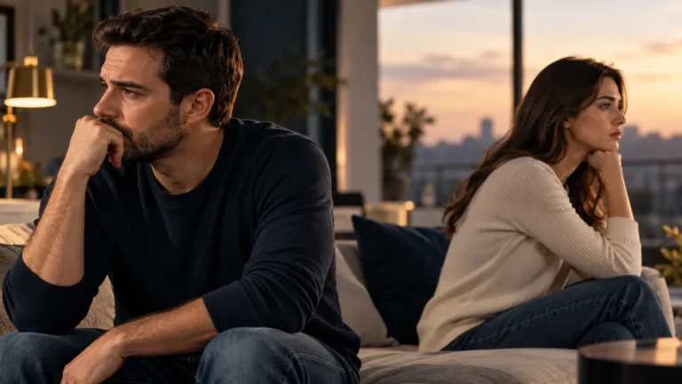 Homem e mulher sentados afastados em um sofá, ambos pensativos e evitando contato visual, representando distanciamento emocional em um relacionamento.